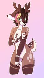 2019 5_fingers anthro antlers biped breasts cervid digital_media_(artwork) female fingers fur green_eyes hair hi_res horn lyra_somnium mammal markings nipples nude pinup pose pussy simple_background small_breasts smile solo spots spotted_body spotted_fur white_body white_fur