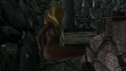 1girls 3d arms_behind_back bound_wrists bra dirkjag mod panties skyrim underwear yelloe_bra yellow_panties