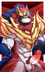 1boy 2019 abs anthro anthrofied blush canine erection furry hi_res humanoid_penis kadzu legendary_pokémon male male_only mammal muscular muscular_male nintendo penis pokémon_(species) pokemon pokemon_ss solo teeth testicles video_games zamazenta