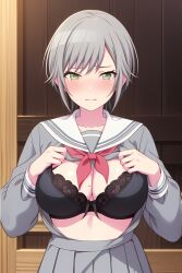 ai_generated bra gray_hair green_eyes hinomori_shiho miyamasuzaka_girls'_academy_school_uniform mlw project_sekai short_hair showing_breasts showing_off tomboy wlm