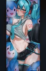 1girls blue_hair blush breasts condylonucla embarrassed hatsune_miku highres large_breasts midriff sweat thighhighs thighs tight_clothes vocaloid