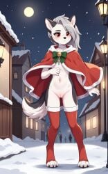 1girls 2026 ai_generated anthro blushing canine choker christmas christmas_outfit cloak digitigrade ear_piercing eyeliner eyeshadow female female_only flat_chest grey_fur grey_hair hair_over_one_eye hellhound helluva_boss hi_res inner_ear_fluff innie_pussy long_hair loona_(helluva_boss) moon night nude nude_female outdoors pussy red_eyes silver_hair snow snowing thighhighs white_fur zonoya_(artist)