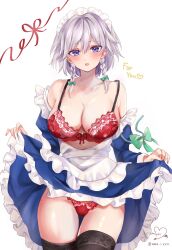 apron black_thighhighs blue_dress blue_eyes blush bra braid breasts cismlyri clothes_lift cowboy_shot dress dress_lift female frilled_apron frills grey_hair hair_between_eyes highres izayoi_sakuya large_breasts lifted_by_self looking_at_viewer maid maid_apron maid_headdress open_mouth panties red_bra red_panties sakuya_izayoi short_hair signature simple_background solo thighhighs touhou twin_braids twitter_username underwear waist_apron white_apron white_background