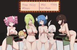 6+girls absurdres ass bikini black_background blonde_hair blue_eyes blue_hair bouncing_breasts bow breasts brown_hair closed_mouth cow_girl cow_horns cow_tail drill_hair grabbing grabbing_another's_breast grin hair_over_one_eye hairbow hat highres horns indoors jashin-chan_dropkick large_breasts lierre long_hair looking_at_another looking_at_viewer micro_bikini mini_hat minos_(jashin-chan_dropkick) minos_drawfag multiple_girls navel nipples nude open_mouth persephone_(jashin-chan_dropkick) persephone_ii pink_eyes pink_hair pino_(jashin-chan_dropkick) pointy_ears pussy short_hair side-tie_bikini_bottom simple_background smile swimsuit tachibana_mei_(jashin-chan_dropkick) tail twin_drills wavy_mouth weighing_scale white_bikini white_hair wide-eyed