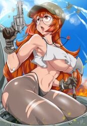 1girls abs bare_arms bare_shoulders bayeuxman big_breasts brown_eyes brown_hair clothed clothing color female female_focus female_only fio_germi firearm fit_female glasses gloves gun handgun hi_res human large_breasts light-skinned_female light_skin long_hair metal_slug muscles muscular muscular_female nipple_bulge nipples_visible_through_clothing no_bra open_mouth pale_skin pistol revolver round_glasses solo solo_female tagme thick_thighs torn_pantyhose underboob weapon