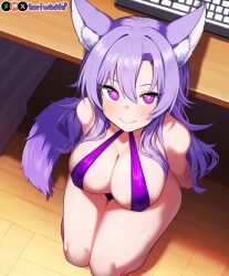 1girls :> ai_generated big_breasts bikini breasts curvy cute dog_ears dog_girl doggirl female female_focus female_only highres hips huge_boobs huge_breasts kemonomimi keyboard kneeling light_skin light_skinned_female long_hair on_knees patreon_username petgirl petite purple_ears purple_eyes purple_hair purple_tail thick_thighs thighs tori toriwoofs under_the_table watermark wavy_hair wide_hips wolf_ears