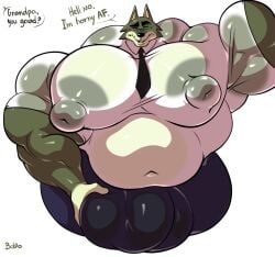 animal_crossing anthro big_breasts big_bulge big_muscles big_pecs bobthetanuki breasts bulge canid canine canis clothed clothing dobie_(animal_crossing) fur genital_outline green_body green_fur hi_res huge_bulge huge_muscles huge_pecs hyper hyper_bulge hyper_muscles hyper_nipples hyper_pecs male mammal mature_anthro mature_male muscular nintendo nipples overweight pecs simple_background small_head solo topless white_background wolf