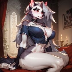 1girls ai_generated bare_arms bare_legs bare_shoulders bare_thighs big_breasts blush clothed clothing color female female_focus female_only furry hellhound helluva_boss hi_res large_breasts long_hair looking_at_viewer loona_(helluva_boss) red_eyes solo solo_female tagme thick_thighs white_hair wolf wolf_ears wolf_girl wolf_tail