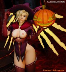 3d areolae breasts cybersleuth166 halloween looking_at_viewer mercy nipples no_panties overwatch pumpkin witch_mercy