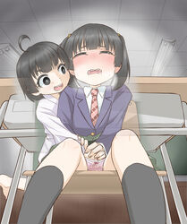 2girls ahoge bangs barefoot black_eyes black_hair black_legwear blue_jacket blush bow bow_panties breath chair chalkboard classroom closed_eyes clothing commentary_request desk drooling embarrassed fingering flat_chest floating ghost green_skirt hair_tie hand_under_clothes happy haragon have_to_pee highres indoors jacket kneehighs light_blush long_sleeves looking_at_another miniskirt multiple_girls necktie nose_blush open_mouth original panties pantyshot pantyshot_(sitting) peeing peeing_self pink_panties plaid plaid_skirt pleated_skirt red_neckwear saliva school_desk school_uniform shiny shiny_hair shirt short_hair sitting skirt smile sweat tears teeth textless tied_hair twintails underwear upskirt wet wet_clothes wet_panties white_shirt x-ray yuri