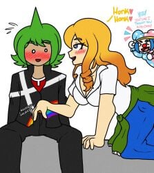 :d blonde_hair blush clothed clown clown_girl danganronpa danganronpa_another erect_penis erection erection_under_clothes fanganronpa green_hair honk honking iranami_satsuki lewdscrap maki_kiyoka no_sex otori_teruya penis_play playing_with_penis seducing seductive_look sound_effects teasing teasing_penis white_background