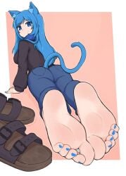 1girls :) ass barefoot birkenstocks blue_eyes blue_hair blue_toenails cat_ears cat_tail catgirl commission feet foot_fetish footprint_on_sandals jeans looking_back mole_under_eye original original_character sandals sandals_removed smile softhanten soles toe_ring toes