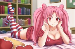 aged_up bed bedroom bishoujo_senshi_sailor_moon blush bookshelf breast_press breasts chibi_usa cleavage clothing huge_breasts in_bed kazenokaze large_breasts laying_down looking_at_viewer lying on_stomach pink_hair red_eyes stockings thick thighhighs thighs tongue_out twintails