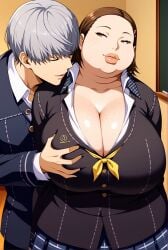 ai_generated cleavage grabbing_breasts huge_breasts lustre narukami_yu ohtani_hanako persona_4 standing