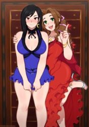 2girls aerith_gainsborough afrobull big_breasts black_hair blush breasts brown_hair choker dress earring earrings female female_only final_fantasy final_fantasy_vii final_fantasy_vii_remake green_eyes human large_breasts red_eyes smile smiling square_enix tifa_lockhart