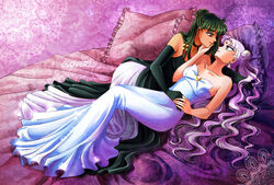 2girls bishoujo_senshi_sailor_moon cleavage clothed clothing cloveras cute dress female female_only gloves green_hair hairbun hand_on_face in_bed lavender_hair laying_down long_dress long_hair looking_at_partner lying on_bed queen_serenity red_eyes setsuna_meiou sfw silver_hair skirt small_breasts soft tan_skin twintails yuri