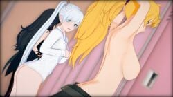 3d 3girls black_hair black_hair_female blake_belladonna blonde_female blonde_hair blue_eyes breasts changing_room looking_at_breasts nyxxzeiss ponytail restroom rwby taking_clothes_off weiss_schnee white_hair white_hair_female yang_xiao_long