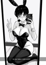 1girls absurdres animal_ears artist_name big_breasts black_leotard blush bow bowtie breasts bunny_ears bunnysuit cellphone chainsaw_man detached_collar fake_animal_ears female gato_gratam greyscale highres holding holding_phone leotard mirror mitaka_asa monochrome phone playboy_bunny rabbit_ears sitting smartphone solo strapless strapless_leotard thick_thighs thighhighs v wrist_cuffs