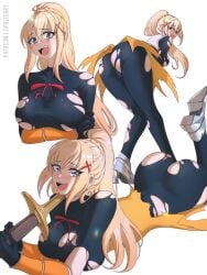 1girls arms_under_breasts ass bent_over big_ass big_breasts blonde_hair blue_eyes blush bodysuit breasts crossed_arms darkness_(konosuba) from_behind kono_subarashii_sekai_ni_shukufuku_wo! large_breasts long_hair looking_at_viewer looking_back lying multiple_views on_stomach opalis opalisart open_mouth ponytail pussy_visible_through_clothes sideboob sidelocks simple_background smile sword taut_bodysuit torn_clothes weapon