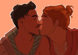 2boys bara beard_stubble beauty_mark black_hair bun chest_hair closed_eyes clothed clothed_male clothing dark-skinned_male dark_hair dark_skin dorian_pavus dragon_age dragon_age_inquisition duo facial_hair gay gay_male hairy_chest human inquisitor_(dragon_age) kissing light-skinned_male light_skin long_hair mage male male/male male_only mole moustache red_hair romantic stubble trashwarden vaxus_trevelyan video_games yaoi