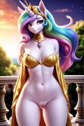 1girls 2024 ai_generated alicorn amethyst_(gem) anthro arms_behind_back ass_visible_through_thighs balcony bottomless bottomless_female cleavage crown equine female female_only gold_(metal) gold_bra gold_choker hasbro innie_pussy long_hair my_little_pony my_little_pony_friendship_is_magic pony princess_celestia_(mlp) purple_eyes pussy robe royal royalty silk smile sunset unicorn_horn white_body white_fur