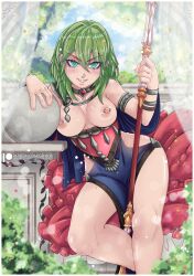 1girls alternate_costume bare_arms bare_legs bare_shoulders breasts breasts_out bush byleth_(fire_emblem) byleth_(fire_emblem)_(female) capelet collar collarbone curtains dancer dancer_(three_houses) evil_grin evil_smile female female_only fire_emblem fire_emblem:_three_houses gensox green_eyes green_hair grin hair_between_eyes legs looking_at_viewer medium_breasts medium_hair nintendo nipple_piercing nipples outdoors piercing pillow see-through shoulders side_slit sitting smile solo spear weapon wide_hips