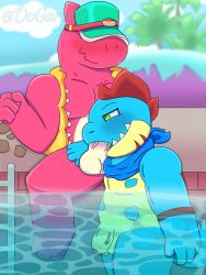 anthro big_penis blue_skin brawl_stars croconaw crossover dinosaur dogarcello dogarcello_(artist) doug_(brawl_stars) fat_ass fat_man floater gay gay_sex licking licking_penis male/male murderdroid_(artist) oral pink_skin pokémon_(species) pokemon pokemon_(species) pool scalie swimming_pool video_games