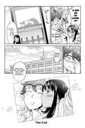 1boy 1girls 774_(nanashi) blush blush_lines blushing cat cheek_kiss closed_eyes comic comic_page english_text eyes_closed feline female glasses hayase_nagatoro human kiss kiss_on_cheek kissing male monochrome naoto_hachioji_(senpai) official_art page_27 phone please_don't_bully_me,_nagatoro resting sleeping stuttering text the_end volume_5 wholesome wholesome_end