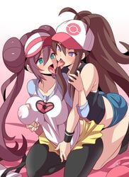 2girls alternate_breast_size anime_style aqua_eyes aroused ass bag big_breasts big_nipples blue_eyes blushing breast_grab breasts brown_hair double_bun drooling eye_contact female female_only from_behind game_freak groping groping_breast half-closed_eyes harlot hilda_(pokemon) huge_breasts human kiss kneeling konno_tohiro large_breasts lesbian_kiss looking_back nintendo pokeharlot pokemon pokemon_bw pokemon_bw2 ponytail puffy_nipple rosa_(pokemon) saliva saliva_string shorts skin_tight tank_top thick_thighs tight_clothing tongue tongue_out twintails wide_hips yuri