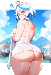 1female 1girls :o ai_generated ass ass_bigger_than_head ass_focus back back_view big_ass big_breasts big_butt big_thighs blue_eyes blush breast_squish breasts cloud clouds curious female female_focus female_only furina_(genshin_impact) genshin_impact huge_ass huge_breasts large_ass large_breasts large_butt large_thighs massive_ass miyuai multicolored_hair onsen question_mark sky solo solo_female solo_focus thiccwithaq_(ai_style) thick thick_ass thick_thighs towel towel_only umbrella water white_hair