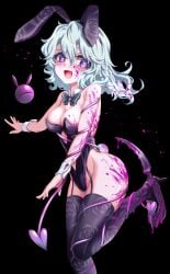 :d alternate_costume animal_ears bare_shoulders black_background black_footwear black_leotard black_thighhighs blood blood_drip blood_in_hair blood_on_arm blood_on_breasts blood_on_clothes blood_on_face blood_on_leg blush bow bowtie breasts cleavage clothing_cutout crazy_eyes crazy_smile curvy detached_collar diamond_(shape) eyelashes eyes_visible_through_hair fake_animal_ears fake_tail female floating_hair floral_print foot_out_of_frame foot_up furrowed_brow garter_straps green_bow green_bowtie green_eyes green_hair groin hair_between_eyes hand_up heart heart-shaped_ornament heart-shaped_pupils high_heels highleg highleg_leotard highres implied_murder komeiji_koishi leotard looking_at_viewer medium_breasts medium_hair navel navel_cutout nomayo open_mouth pink_blood pink_pupils playboy_bunny print_thighhighs rabbit_ears rabbit_tail rose_print simple_background skindentation smile solo standing standing_on_one_leg strapless strapless_leotard symbol-shaped_pupils tail thighhighs thighs third_eye touhou wavy_hair white_wrist_cuffs wrist_cuffs