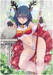 1girls alternate_costume animal_ears antlers ass_visible_through_thighs bare_midriff bare_shoulders bare_thighs bell bell_collar blue_eyes breasts bush byleth_(fire_emblem) byleth_(fire_emblem)_(female) christmas collar curtains evil_grin evil_smile fake_animal_ears female female_only fingerless_gloves fire_emblem fire_emblem:_three_houses fishnet_legwear fishnets gensox gloves grin hair_between_eyes looking_at_viewer medium_breasts medium_hair midriff navel nintendo outdoors panties pillow see-through shoulders sitting smile solo spear teal_hair thighhighs thighs thong underwear weapon white_panties wide_hips