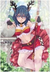 1girls alternate_costume animal_ears antlers ass_visible_through_thighs bare_midriff bare_shoulders bare_thighs bell bell_collar belt blue_eyes breasts bush byleth_(fire_emblem) byleth_(fire_emblem)_(female) christmas collar curtains evil_grin evil_smile fake_animal_ears female female_only fingerless_gloves fire_emblem fire_emblem:_three_houses fishnet_legwear fishnets gensox gloves grin hair_between_eyes looking_at_viewer medium_breasts medium_hair midriff navel nintendo outdoors panties pillow see-through shoulders sitting skirt smile solo spear teal_hair thighhighs thighs thong underwear weapon white_panties wide_hips