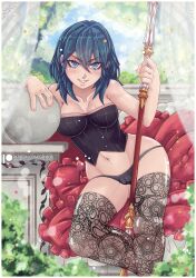 1girls ass_visible_through_thighs bare_arms bare_shoulders bare_thighs black_panties blue_eyes bodice breasts bush byleth_(fire_emblem) byleth_(fire_emblem)_(female) collarbone curtains evil_grin evil_smile female female_only fire_emblem fire_emblem:_three_houses gensox grin hair_between_eyes leggings looking_at_viewer medium_breasts medium_hair navel nintendo outdoors panties partially_visible_vulva pillow see-through shoulders sitting smile solo spear teal_hair thighhighs thighs underwear weapon wide_hips