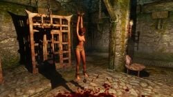 1girls 3d arms_above_head ball_and_chain blood bondage bound bound_wrists cage dirkjag dungeon mod panties red_hair shackles skyrim suspension suspension_bondage topless topless_female yellow_panties