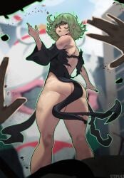 1girls absurdres ass black_dress breasts curly_hair dress female green_eyes green_hair highres long_sleeves looking_at_viewer one-punch_man open_mouth short_hair small_breasts solo stopu tagme tatsumaki telekinesis thighs torn_clothes torn_dress