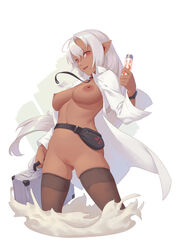 1girls ahoge bangs bigrbear breasts breasts_apart briefcase dark-skinned_female dark_skin fanny_pack female female_only functionally_nude functionally_nude_female hair_between_eyes highres holding id_card labcoat lanyard large_breasts long_hair navel nipples no_bra open_clothes open_mouth open_shirt original pointy_ears pussy red_eyes shaved_pussy shirt sidelocks silver_hair simple_background smile solo source_request standing thighhighs uncensored vial watch white_legwear white_shirt zipper