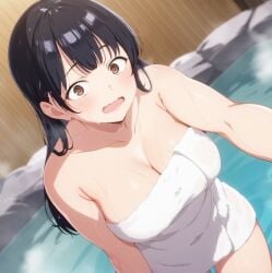 ai_generated asian asian_female big_breasts black_hair blush boku_no_kokoro_no_yabai_yatsu brown_eyes curvaceous curvy_female embarrassed kiwifruit0501 large_breasts light-skinned_female light_skin long_hair squatting sweat sweatdrop towel towel_only voluptuous voluptuous_female water yamada_anna