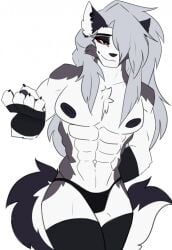 1boy abs ambush_loona big_muscles bulge cassielink eyeliner feminine feminine_male furry gay genderswap_(ftm) grey_body grey_fur grey_hair hair_covering_eye happy helluva_boss long_hair loona loona_(helluva_boss) male male_focus male_loona male_only muscles muscular muscular_male pecs pectorals penis_bulge rule_63 shirtless smile smiling solo solo_male stretching strong topless topless_male vivziepop white_background white_body white_fur wolf wolf_boy yaoi