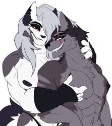 2boys abs adorable ambush_loona big_muscles black_body black_fur boyfriends canid canid_demon canine cassielink couple cute demon eyeliner feminine feminine_male furry gay gay_couple gay_male genderswap_(ftm) grey_body grey_fur grey_hair hair_covering_eye hellhound helluva_boss long_hair loona loona_(helluva_boss) love lovers male male_focus male_loona male_only mammal muscles muscular muscular_male pecs pectorals red_eyes rule_63 scar shirtless simple_background strong topless topless_male vivziepop vortex_(helluva_boss) white_background white_body white_fur wholesome wolf wolf_boy yaoi