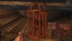 1girls 3d arms_behind_back black_hair cage caged dark_skin dark_skinned_female dirkjag mod panties redguard skyrim topless topless_female white_panties