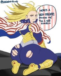 1girls ass big_ass big_butt blonde_hair bubble_butt cathleen_bate english_text huge_ass looking_at_viewer looking_back muscular muscular_female my_hero_academia seductive solo star_and_stripe_(my_hero_academia) teatotalerlewds text thick_thighs torn_clothes torn_clothing white_background