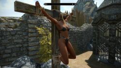 1girls 3d black_bra black_panties blonde_hair bondage bound bound_ankles bound_wrists bra crucifixion dirkjag gag gagged highleg_panties mod panties skyrim underwear