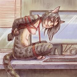 animal_ears arms_behind_back bondage breasts cat_ears cat_girl cat_tail catgirl dark_hair desk desktop feet female fluffy fur keyboard kitsuneka-san looking_at_viewer m'rissi mrissi naked nipples rope_bondage short_hair sitting skyrim solo_female the_elder_scrolls yellow_eyes