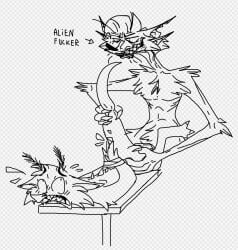 akutsune alien anal anal_sex antennae_(anatomy) anthro avian back_spikes balls beak digital_drawing_(artwork) digital_media_(artwork) digitigrade duo evil_face evil_grin fantasy_creature fluffy forced fur furniture genitals hybrid magical_creature male male/male monochrome nal_wingstracks_(future) nal_wt nude penetration pizorax rape rozan_(nal_wt) sex simple_background smile spikes spikes_(anatomy) table white_background