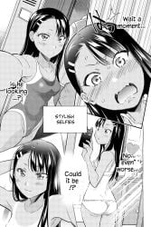 1girls 774_(nanashi) ass blush blush_lines blushing bra breasts butt comic comic_page english_text female female_only hayase_nagatoro human long_hair mirror mirror_reflection mirror_selfie monochrome mouth_open official_art open_mouth page_26 panties phone please_don't_bully_me,_nagatoro reflection selfie selfies solo swimwear tanline text underwear_only volume_5