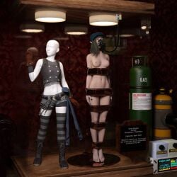 1girls 3d arms_at_sides asleep barefoot black_hair bondage bound bound_arms bound_legs bound_neck breasts captured captured_heroine chloroform clothes_removed defeated defeated_heroine display display_case drugged eyes_closed feet final_fantasy final_fantasy_vii forniphilia gas_mask helpless helpless_female human_furniture human_trophy immobile indoors kyrie_canaan legs_together living_statue living_trophy mannequin name_tag nipples nude nude_female oldmanjaay overhead_light permanent_bondage plaque pussy_obscured sign solo_female stasis_chamber stationary_restraints stripped stripped_naked suspension suspension_bondage trophy_case unconscious