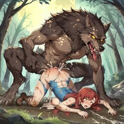 1boy ahe_gao ai_generated areolae ass big_butt boots breasts cecil_(artist) cum cum_in_pussy defeated dirty doggy_style excessive_cum female larger_male looking_pleasured moon moonlight nipples rape red_hair rough_sex sex size_difference stable_diffusion torn_clothes tree vaginal_penetration werewolf