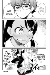 1boy 1girls 3_panel_comic 774_(nanashi) attack clothes clothing comic comic_page comic_panel end_page english_text female glasses hayase_nagatoro human male monochrome naoto_hachioji_(senpai) official_art page_9 panties pantyshot please_don't_bully_me,_nagatoro skirt speech_bubble text text_bubble