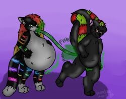 anthro belly big_belly bloated colored dekudrunx17 digital_drawing_(artwork) digital_media_(artwork) digitigrade domestic_cat duo fart fart_cloud fart_fetish fart_inflation fart_tubes felid feline felis female green_fart hair hi_res holding_belly inflation long_hair male male/female mammal mephitid onomatopoeia orange_hair peppermint_the_skunk pipelining purple_background red_eyes shaded signature simple_background skunk skunk_tail smile sound_effects text